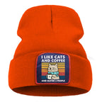 Hip Hop Coffee Cats Beanie – Unisex Knitted Cotton Hat, Casual Warm Skull Cap for Men and Women, Outdoor Style