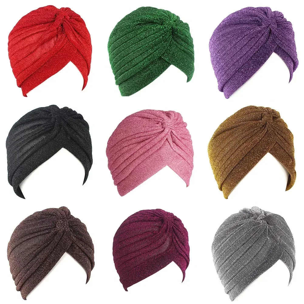 Full-Head Bling Gold Silk Turban – Knotted Twist Cap, Warm Casual Headwear for Women