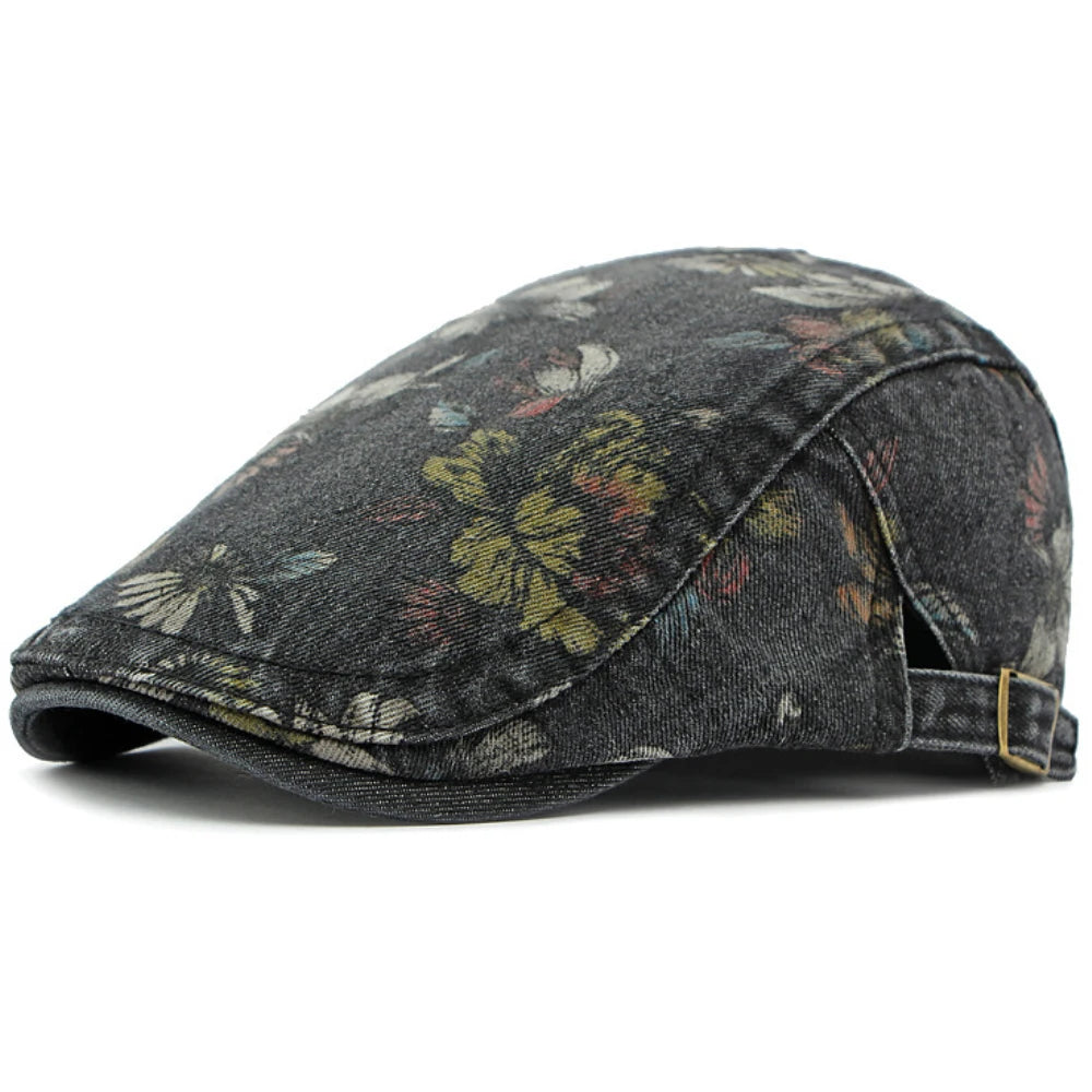 Unisex Floral Beret – Washed Cotton Denim Artist Painter Hat for Men & Women, Spring & Autumn