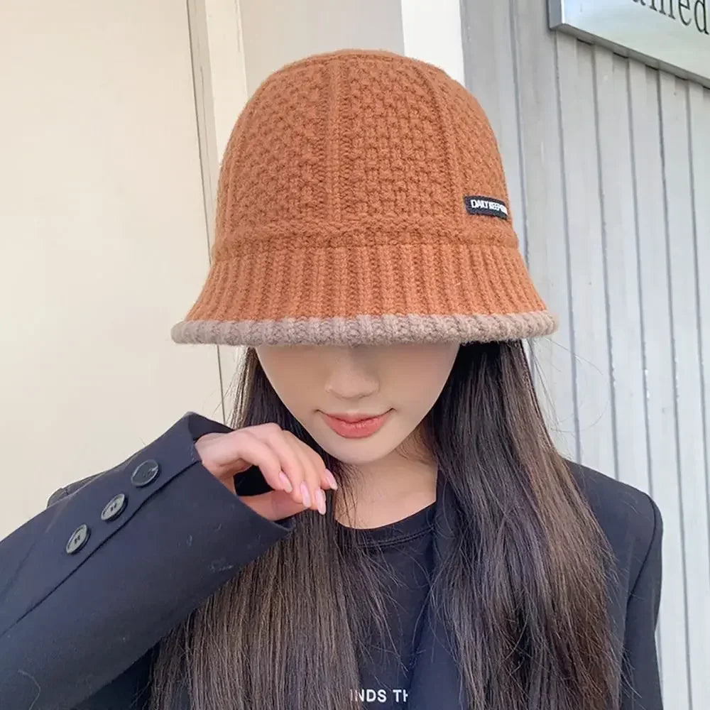 Thick Knitted Bucket Hat for Women – Warm Fisherman Beanie, Cold-Proof Casual Panama Cap for Fall & Winter”