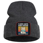 Hip Hop Coffee Cats Beanie – Unisex Knitted Cotton Hat, Casual Warm Skull Cap for Men and Women, Outdoor Style