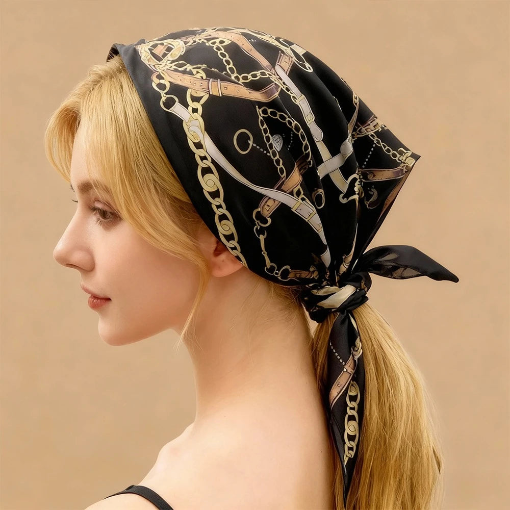 68cm Retro Chain Print Scarf for Women – Luxury Polyester Thin Scarf