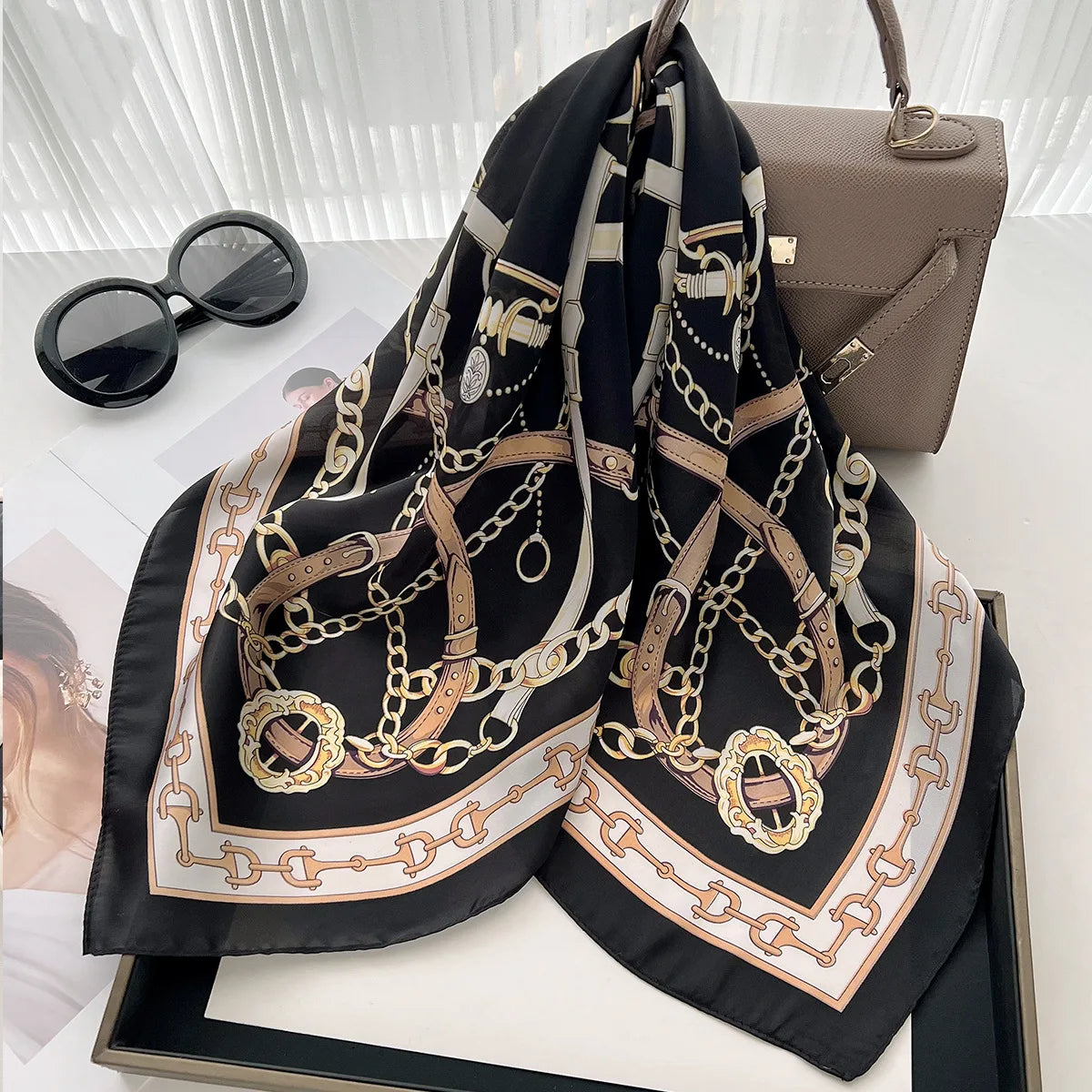 68cm Retro Chain Print Scarf for Women – Luxury Polyester Thin Scarf