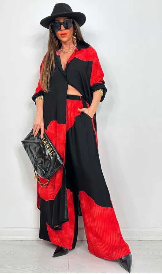 Spring & Summer Women’s Elegant 2-Piece Set – Printed Long Shirt Top & Wide-Leg Pants, Casual Loose Oversized Outfit