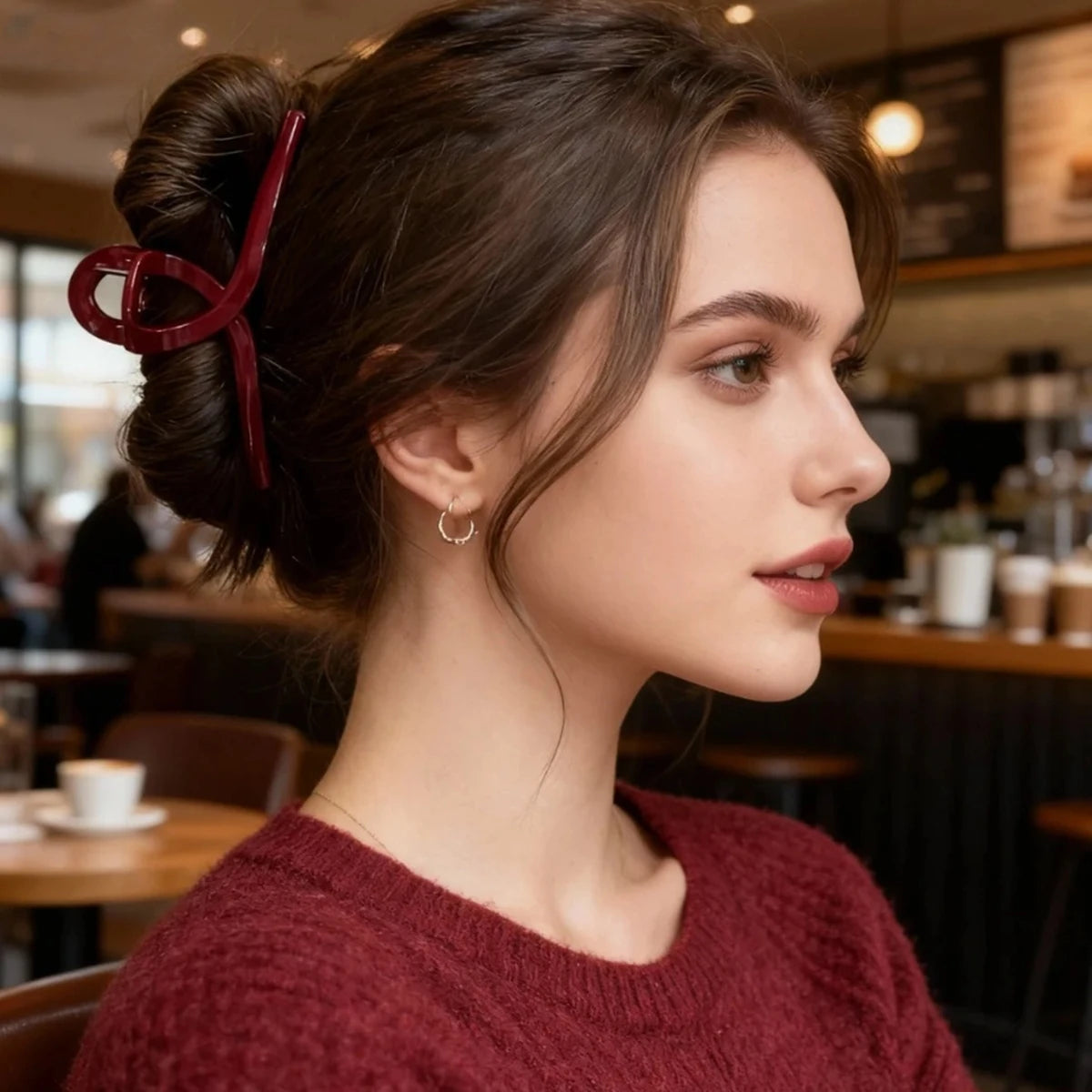 Burgundy Glossy Square Hair Clip – Large, Chic Hairpin for Daily Wear