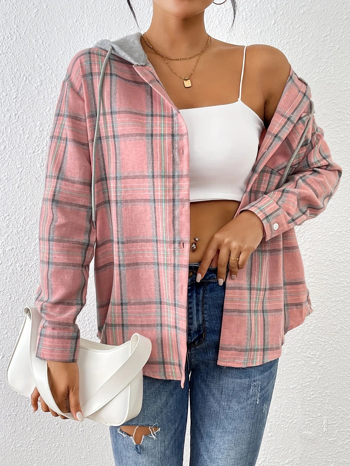 Spring & Autumn Women’s Elegant Hooded Plaid Blouse – Casual Office Chic