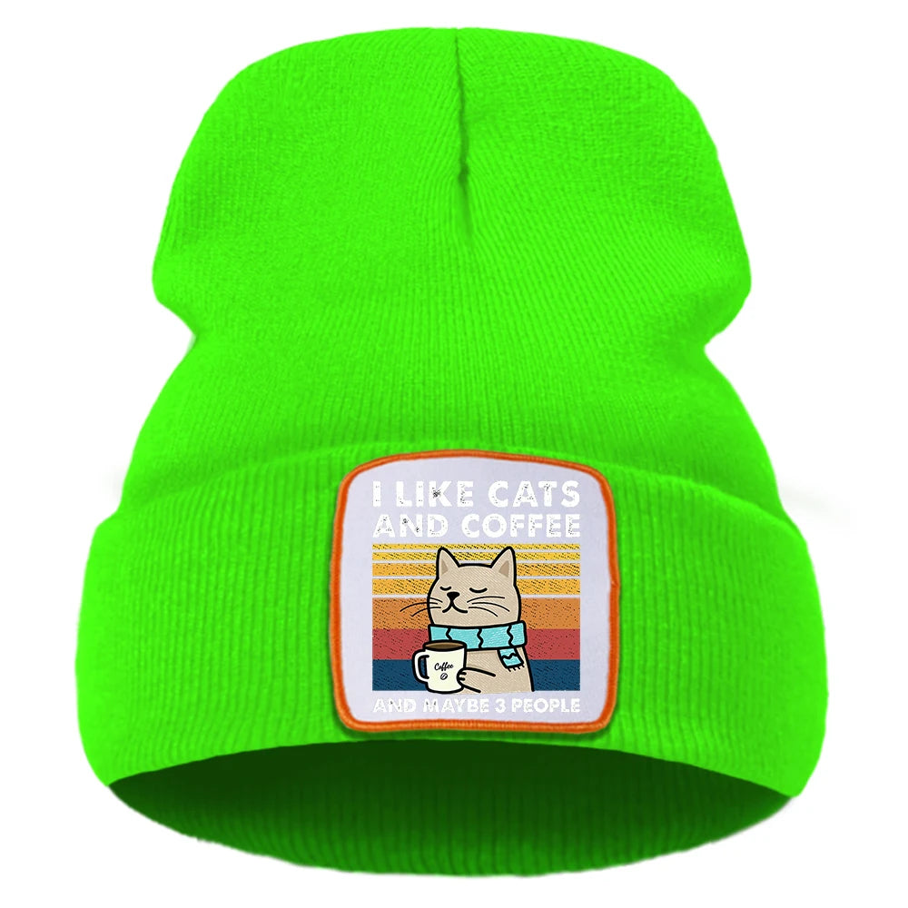 Hip Hop Coffee Cats Beanie – Unisex Knitted Cotton Hat, Casual Warm Skull Cap for Men and Women, Outdoor Style