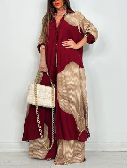 Spring & Summer Women’s Elegant 2-Piece Set – Printed Long Shirt Top & Wide-Leg Pants, Casual Loose Oversized Outfit