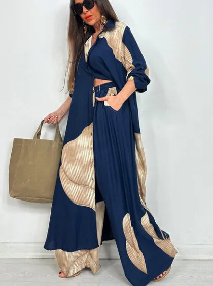 Spring & Summer Women’s Elegant 2-Piece Set – Printed Long Shirt Top & Wide-Leg Pants, Casual Loose Oversized Outfit