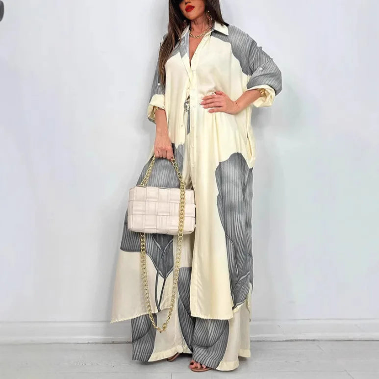 Spring & Summer Women’s Elegant 2-Piece Set – Printed Long Shirt Top & Wide-Leg Pants, Casual Loose Oversized Outfit