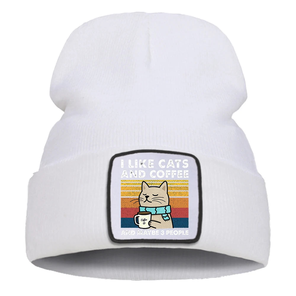 Hip Hop Coffee Cats Beanie – Unisex Knitted Cotton Hat, Casual Warm Skull Cap for Men and Women, Outdoor Style