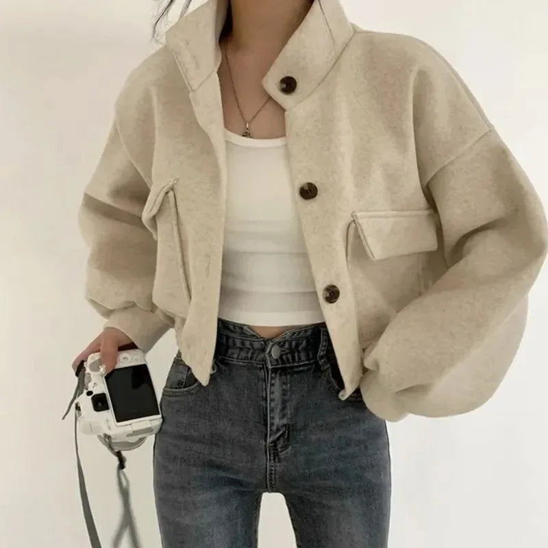 Spring Women’s Woolen Jacket – Chic Slouchy Stand Collar Coat