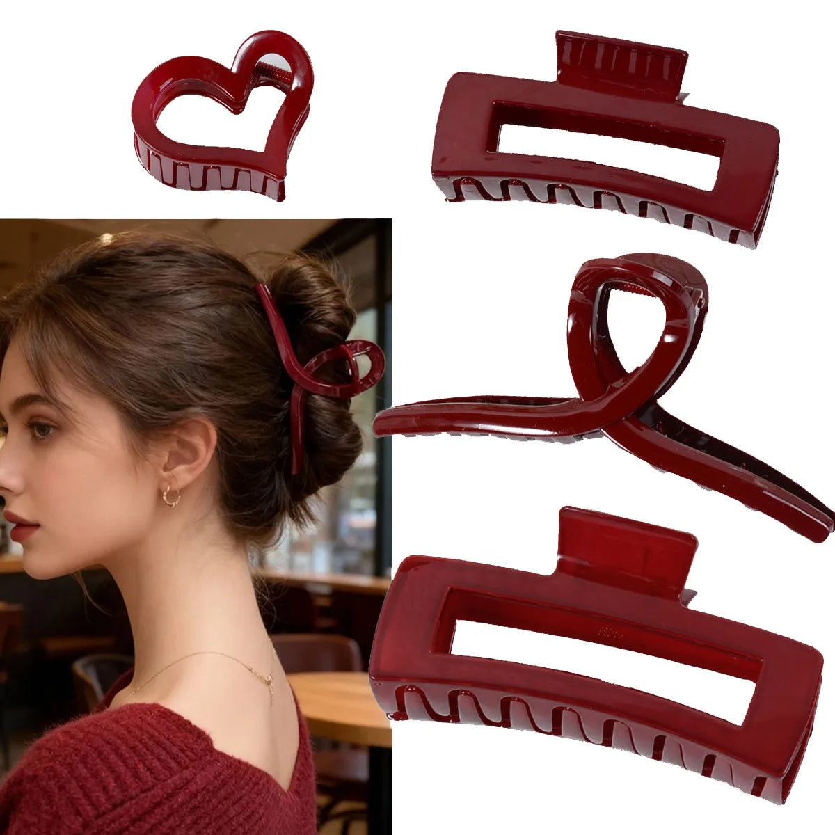 Burgundy Glossy Square Hair Clip – Large, Chic Hairpin for Daily Wear
