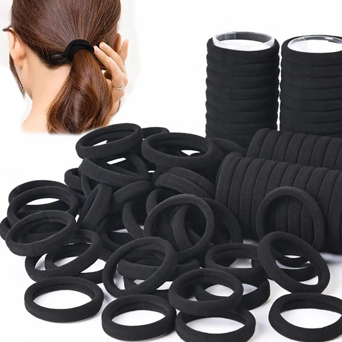 50/100 Black High-Elastic Hair Bands for Women and Girls – Ponytail Holders and Hair Ties