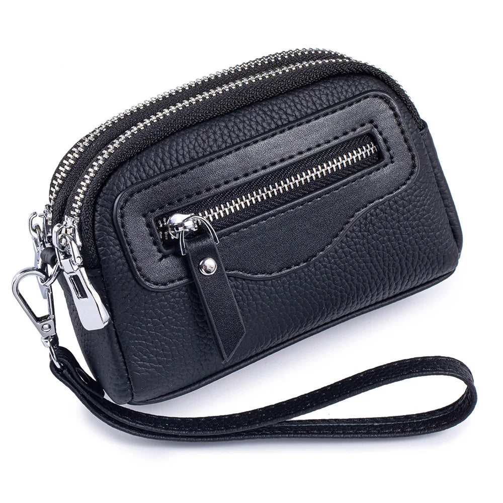 Women’s Genuine Leather Wristlet Wallet – Spacious Double Zipper Purse with Coin Pocket and Card Slots
