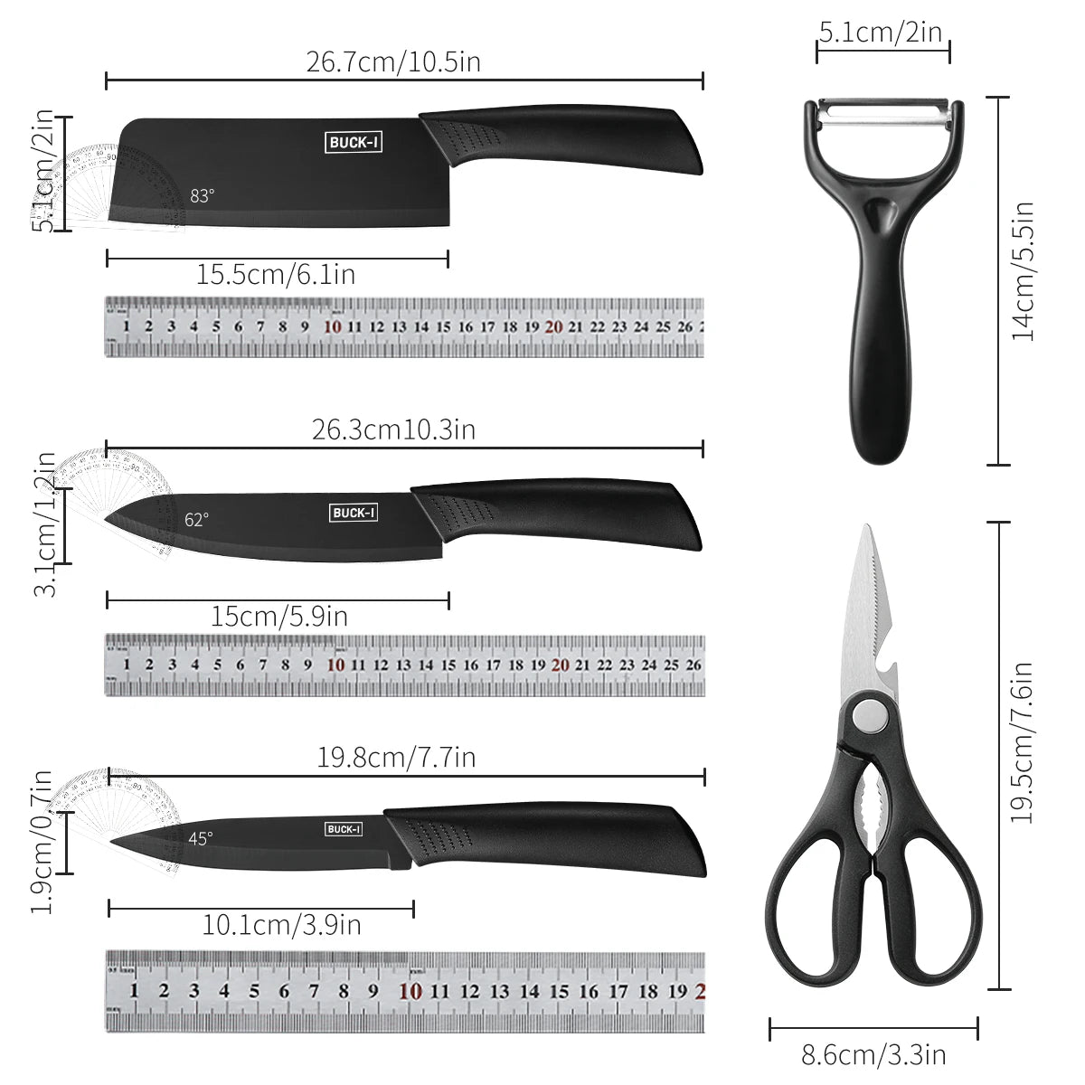 3–5 Piece Black Stainless Steel Kitchen Knife Set – Complete Kitchen Collection for Home, Dorm, and Everyday Cooking, Includes Chef’s Knife
