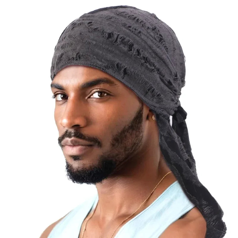 Ripped Long-Tail Pirate Hat for Men & Women – Elastic Hip-Hop Durag Headwrap