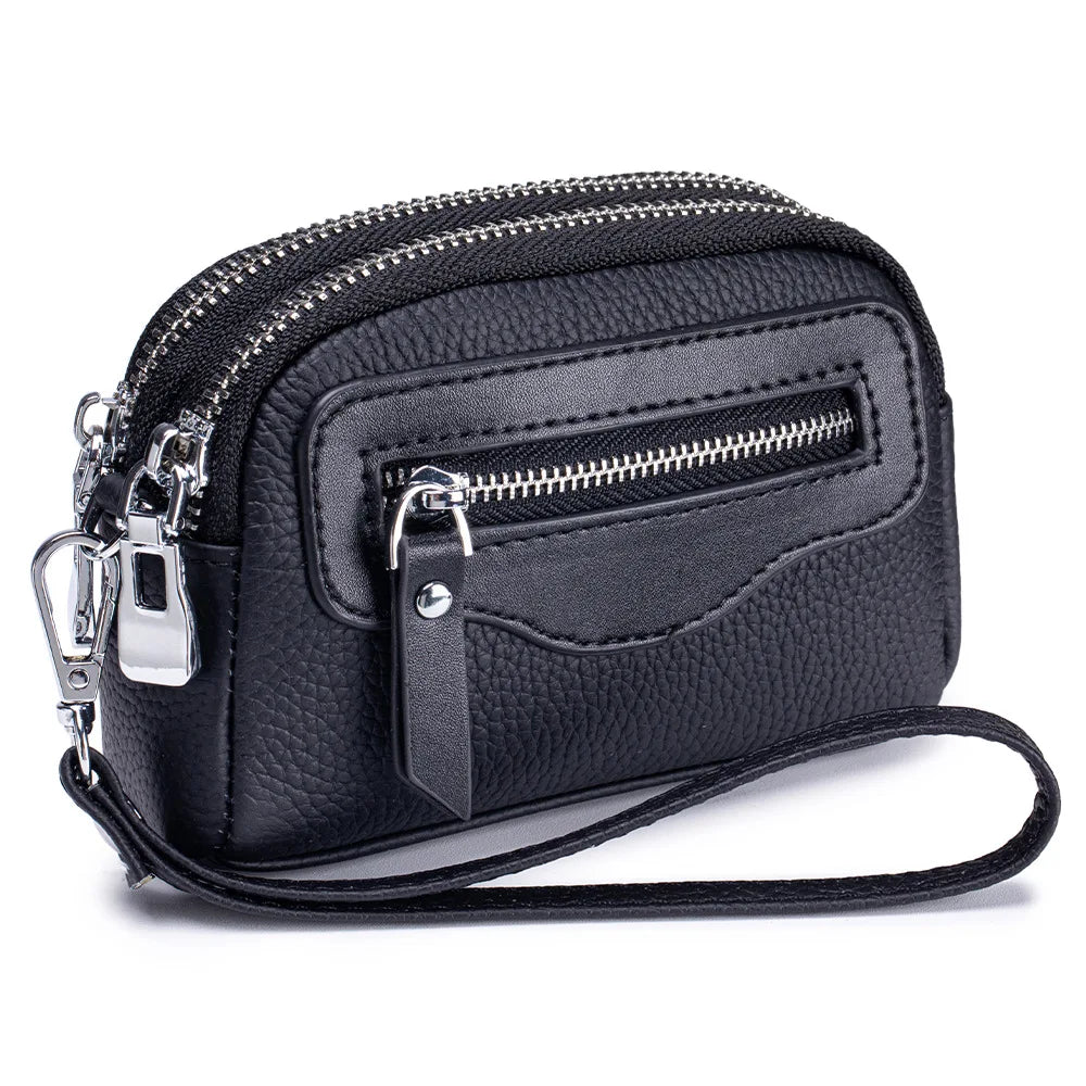Women’s Genuine Leather Wristlet Wallet – Spacious Double Zipper Purse with Coin Pocket and Card Slots