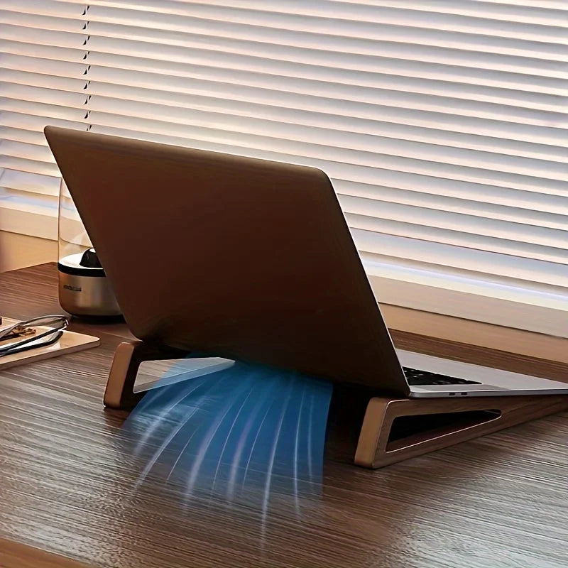 Portable Foldable Wooden Laptop Stand – Ergonomic 12° Tilt | Ventilated Cooling | Triangular Support Design | Office Desk Accessory