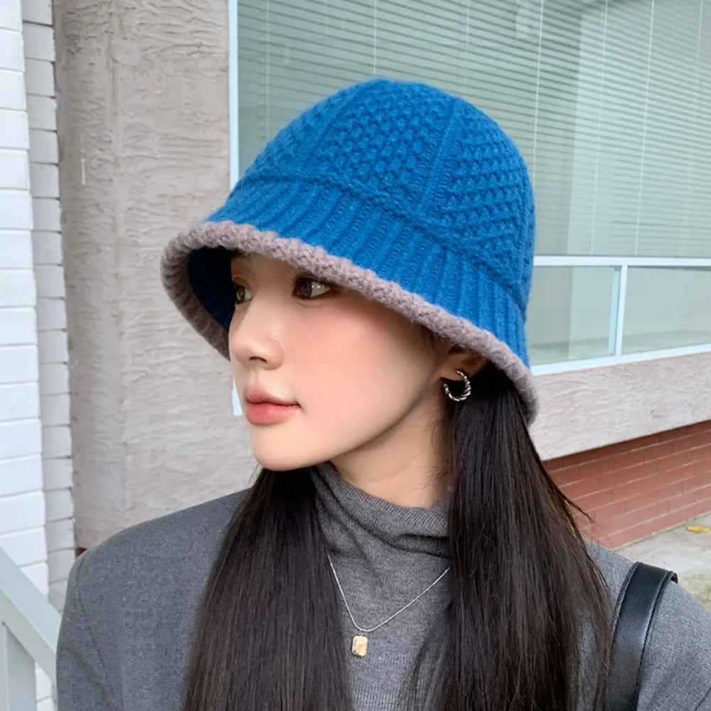 Thick Knitted Bucket Hat for Women – Warm Fisherman Beanie, Cold-Proof Casual Panama Cap for Fall & Winter”