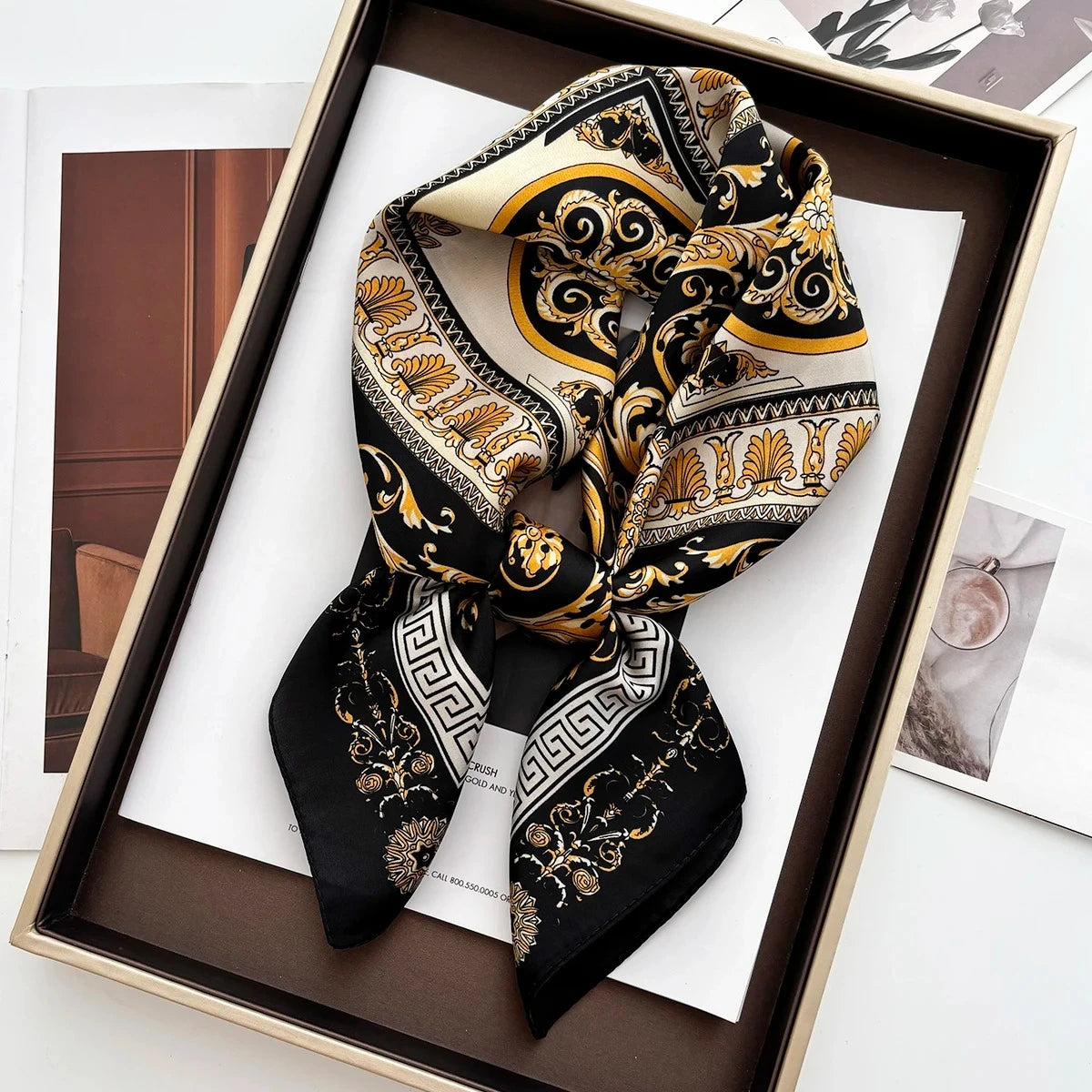68cm Retro Chain Print Scarf for Women – Luxury Polyester Thin Scarf