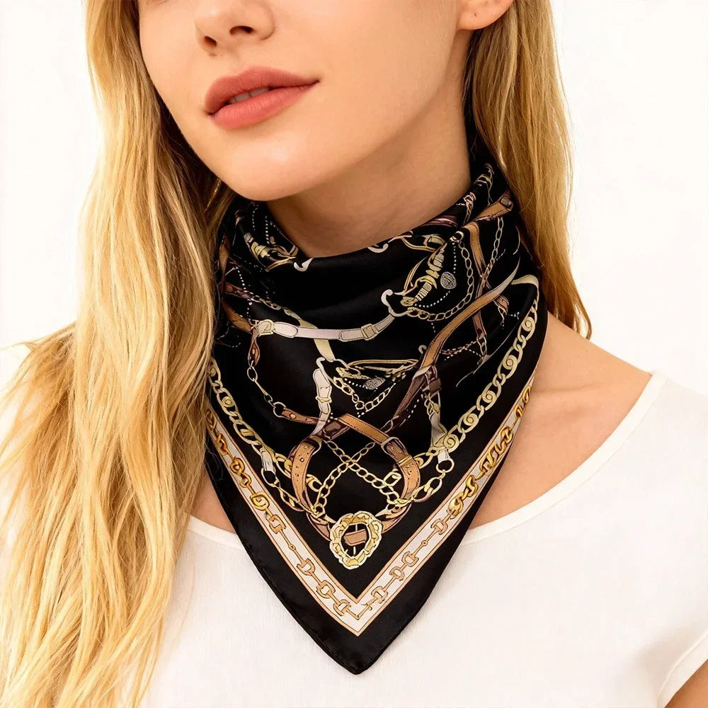 68cm Retro Chain Print Scarf for Women – Luxury Polyester Thin Scarf