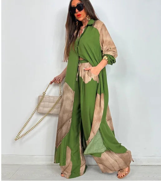 Spring & Summer Women’s Elegant 2-Piece Set – Printed Long Shirt Top & Wide-Leg Pants, Casual Loose Oversized Outfit