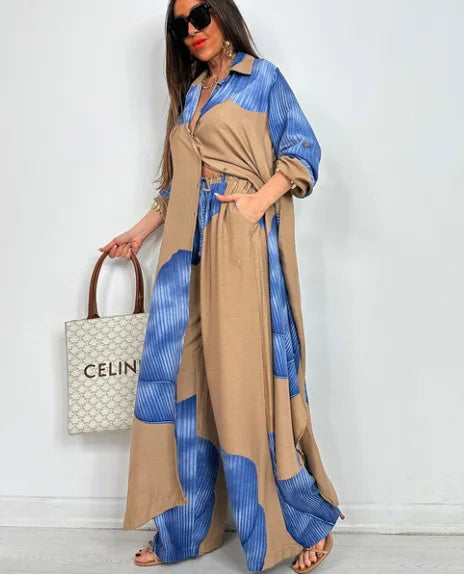 Spring & Summer Women’s Elegant 2-Piece Set – Printed Long Shirt Top & Wide-Leg Pants, Casual Loose Oversized Outfit