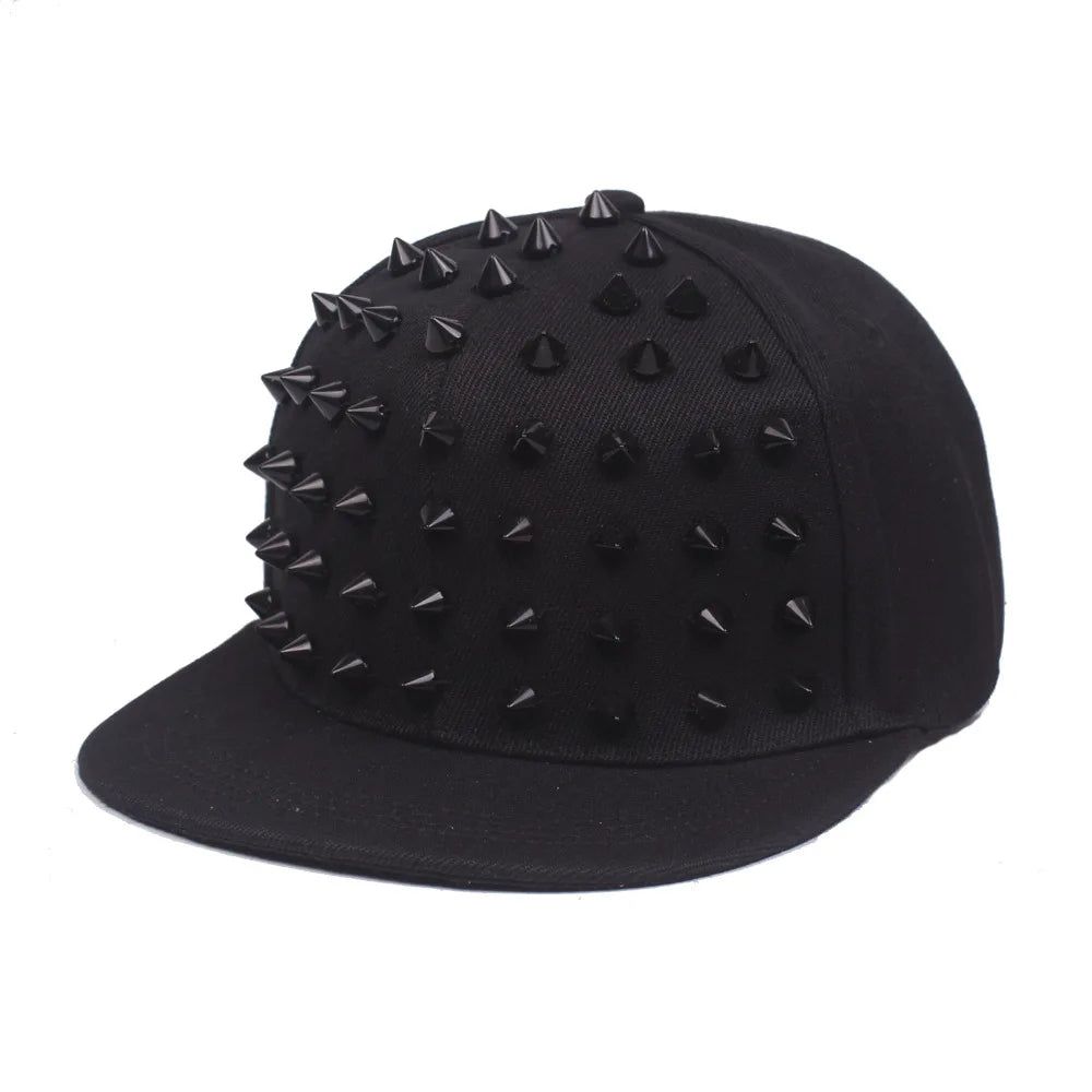 Unisex Flat-Brim Snapback Cap – Hip Hop Baseball Hat with Rivet Detail & Mesh Visor