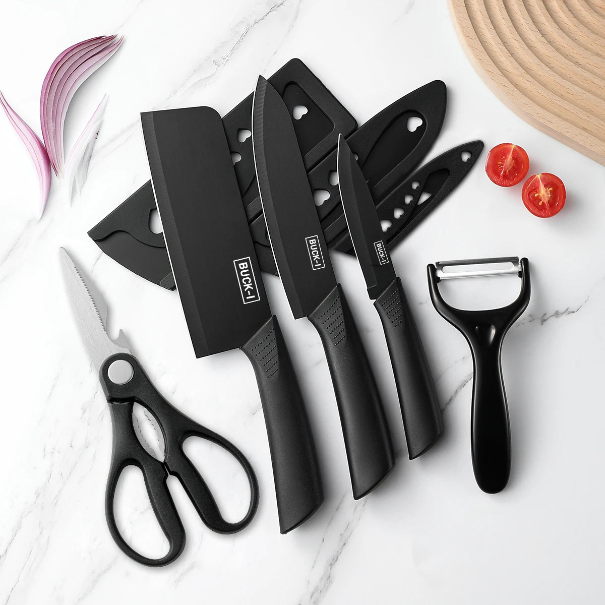 3–5 Piece Black Stainless Steel Kitchen Knife Set – Complete Kitchen Collection for Home, Dorm, and Everyday Cooking, Includes Chef’s Knife
