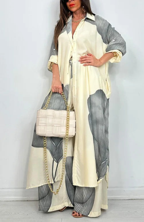 Spring & Summer Women’s Elegant 2-Piece Set – Printed Long Shirt Top & Wide-Leg Pants, Casual Loose Oversized Outfit