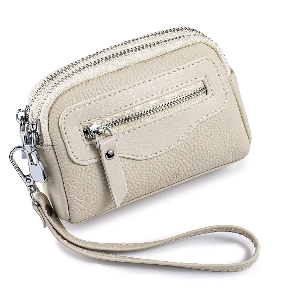 Women’s Genuine Leather Wristlet Wallet – Spacious Double Zipper Purse with Coin Pocket and Card Slots