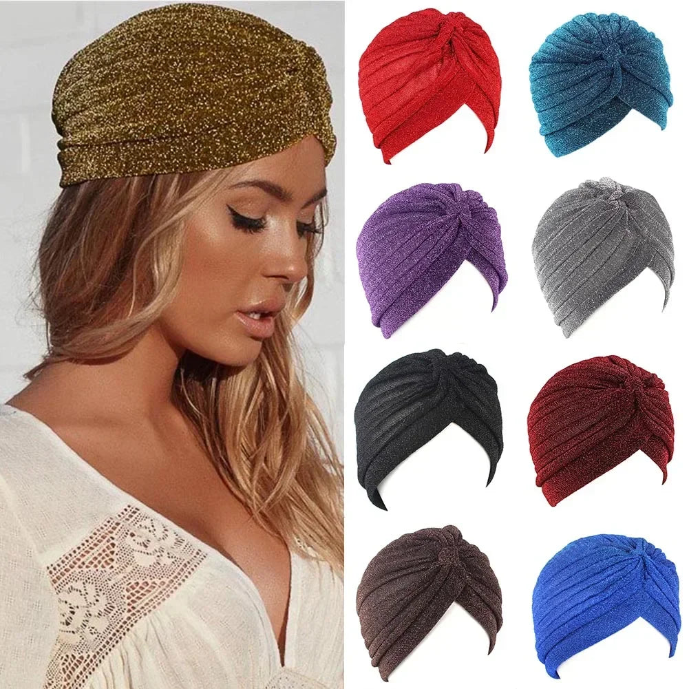 Full-Head Bling Gold Silk Turban – Knotted Twist Cap, Warm Casual Headwear for Women