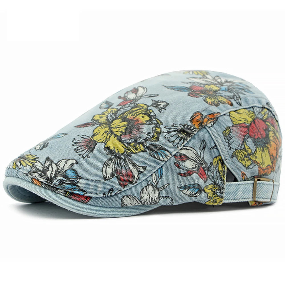 Unisex Floral Beret – Washed Cotton Denim Artist Painter Hat for Men & Women, Spring & Autumn