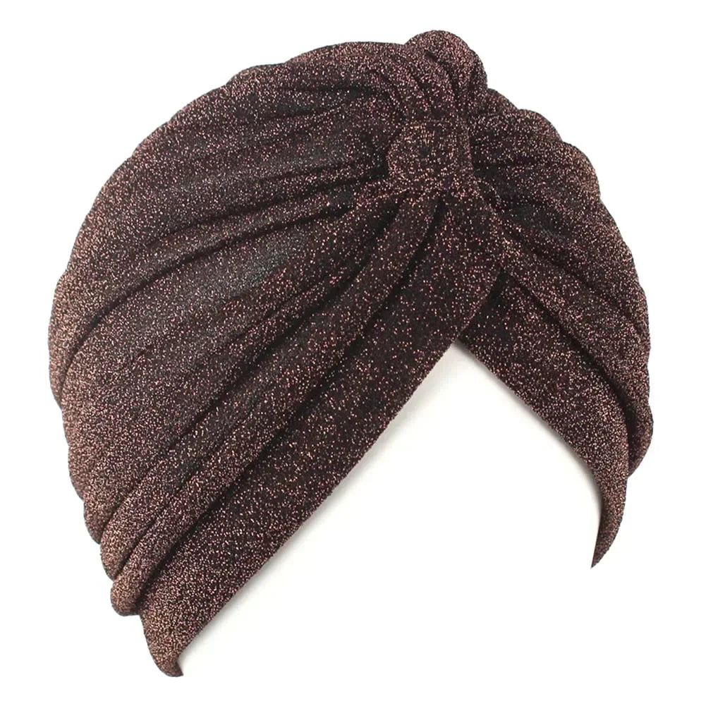Full-Head Bling Gold Silk Turban – Knotted Twist Cap, Warm Casual Headwear for Women
