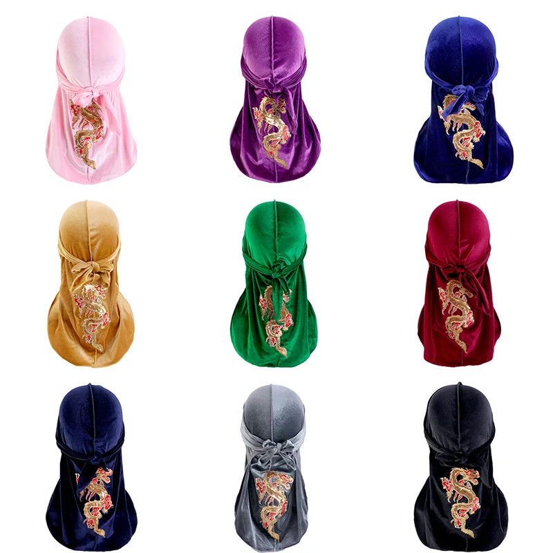 Fashion Dragon Velvet Durag for Men Bandana, Turban & Waves Headwear