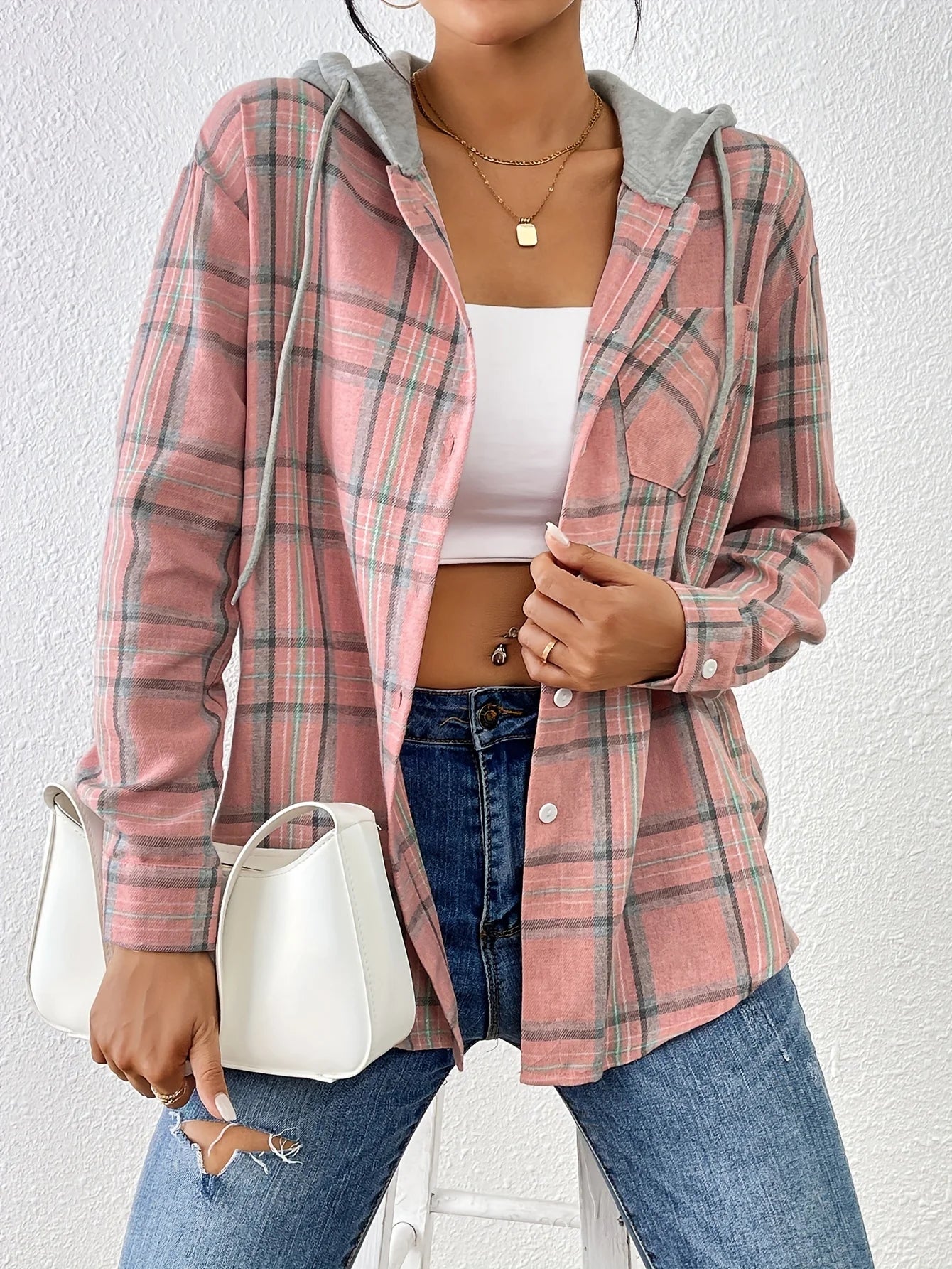 Spring & Autumn Women’s Elegant Hooded Plaid Blouse – Casual Office Chic