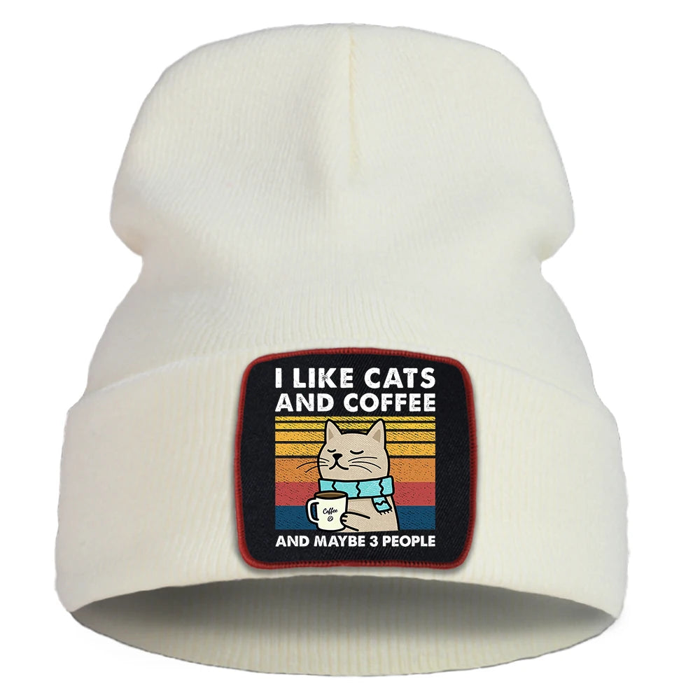 Hip Hop Coffee Cats Beanie – Unisex Knitted Cotton Hat, Casual Warm Skull Cap for Men and Women, Outdoor Style