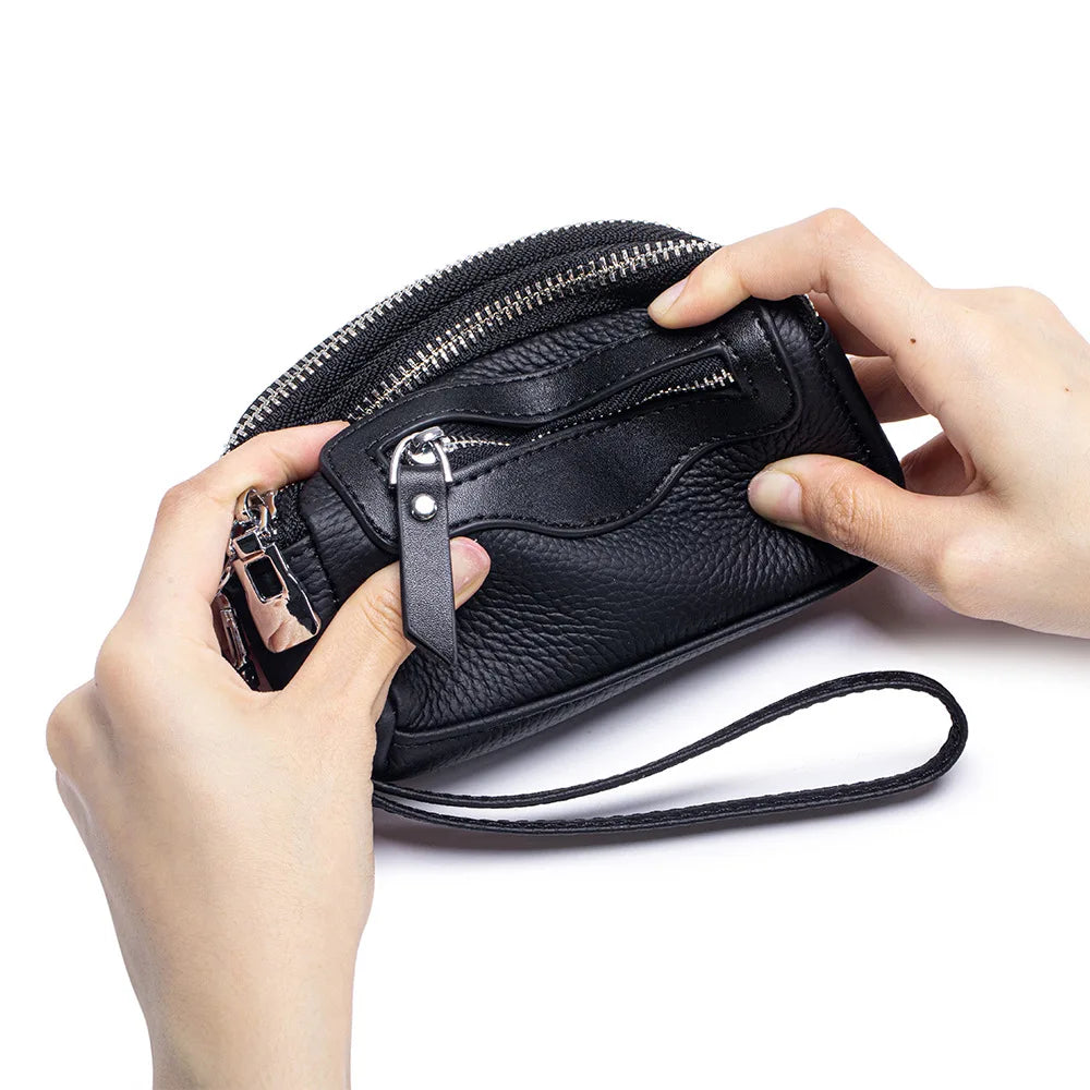 Women’s Genuine Leather Wristlet Wallet – Spacious Double Zipper Purse with Coin Pocket and Card Slots