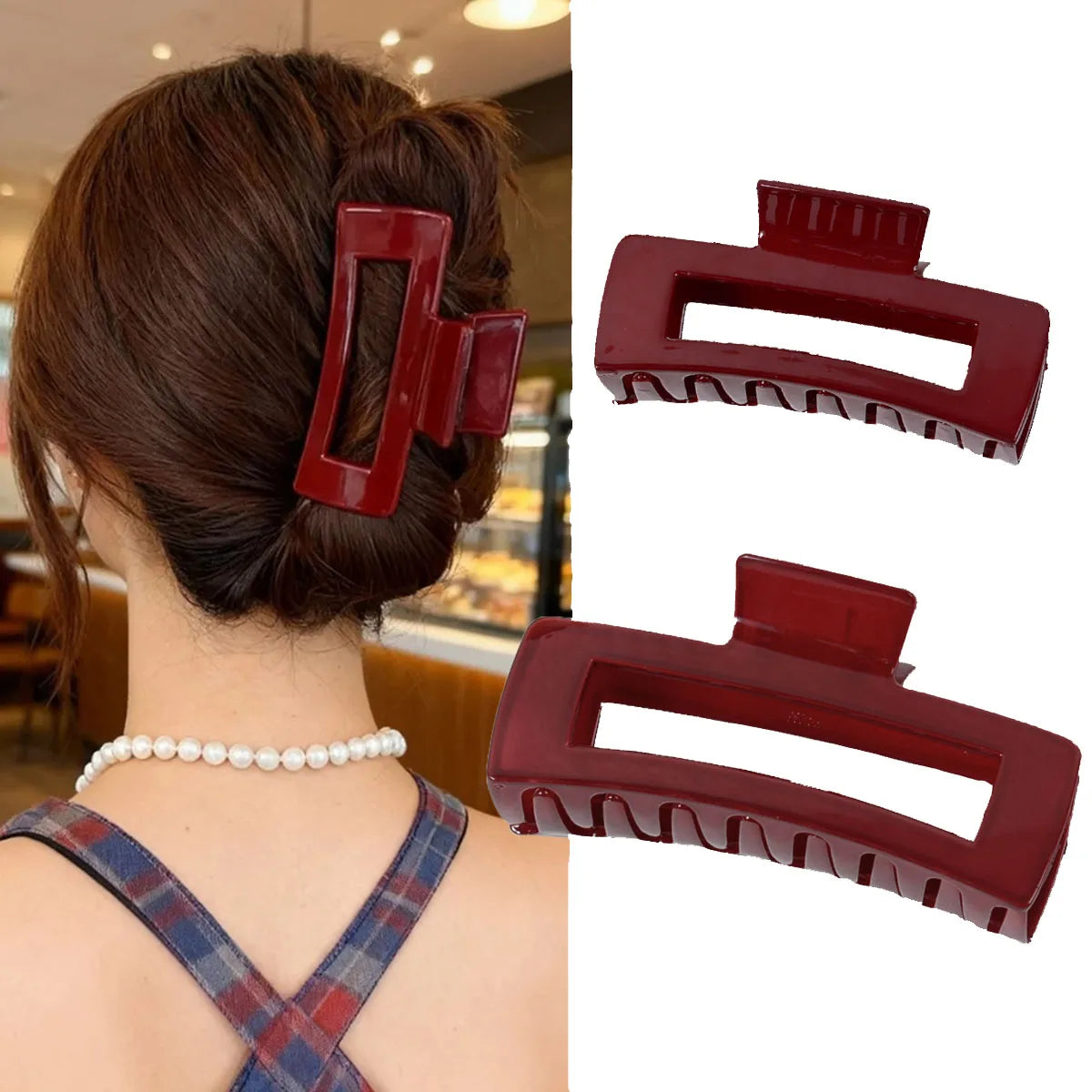 Burgundy Glossy Square Hair Clip – Large, Chic Hairpin for Daily Wear