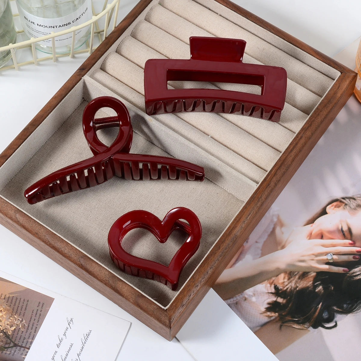 Burgundy Glossy Square Hair Clip – Large, Chic Hairpin for Daily Wear