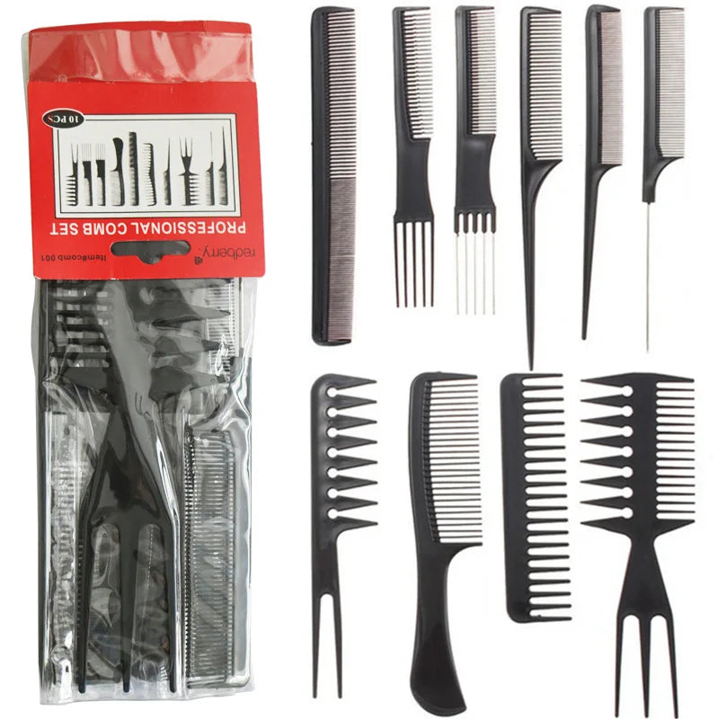 10pcs Professional Black Hairdressing Comb Set – Versatile Styling, Barber, Tail, and Training Combs for Salon and Stylist Use