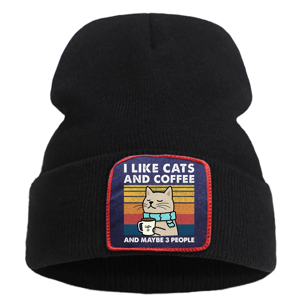 Hip Hop Coffee Cats Beanie – Unisex Knitted Cotton Hat, Casual Warm Skull Cap for Men and Women, Outdoor Style