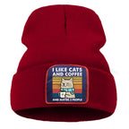Hip Hop Coffee Cats Beanie – Unisex Knitted Cotton Hat, Casual Warm Skull Cap for Men and Women, Outdoor Style