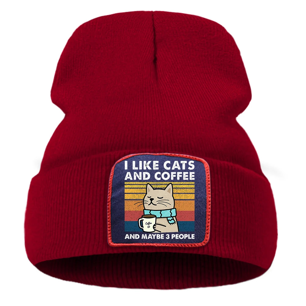 Hip Hop Coffee Cats Beanie – Unisex Knitted Cotton Hat, Casual Warm Skull Cap for Men and Women, Outdoor Style