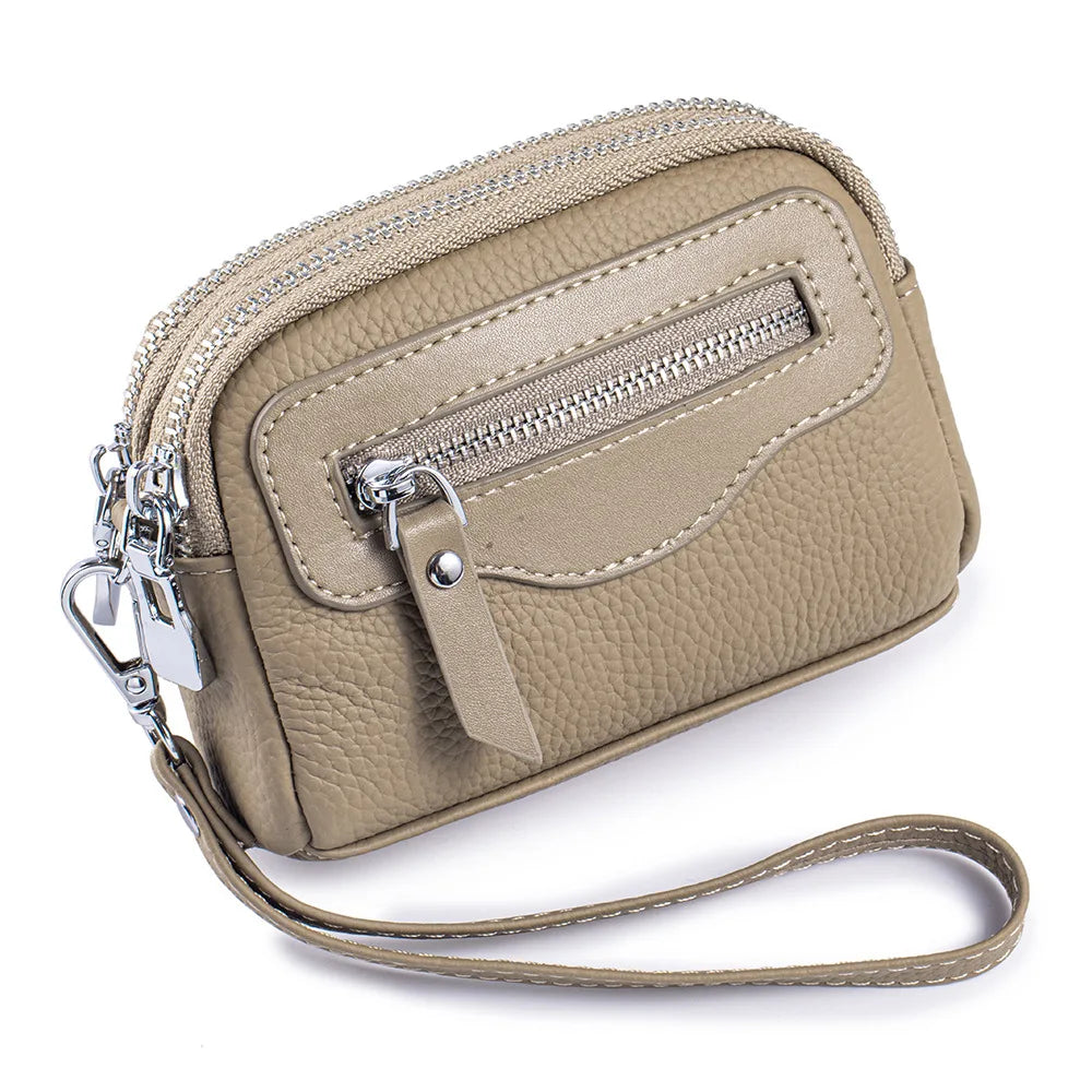 Women’s Genuine Leather Wristlet Wallet – Spacious Double Zipper Purse with Coin Pocket and Card Slots