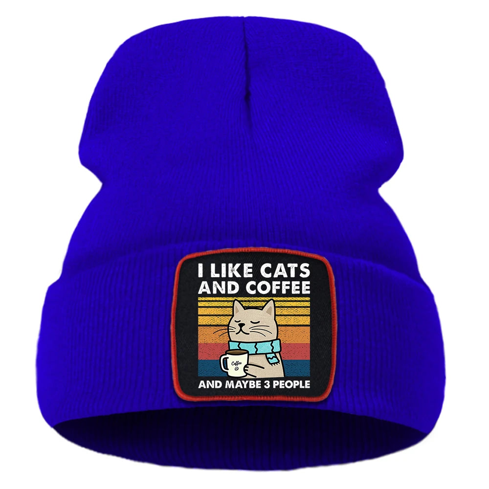 Hip Hop Coffee Cats Beanie – Unisex Knitted Cotton Hat, Casual Warm Skull Cap for Men and Women, Outdoor Style