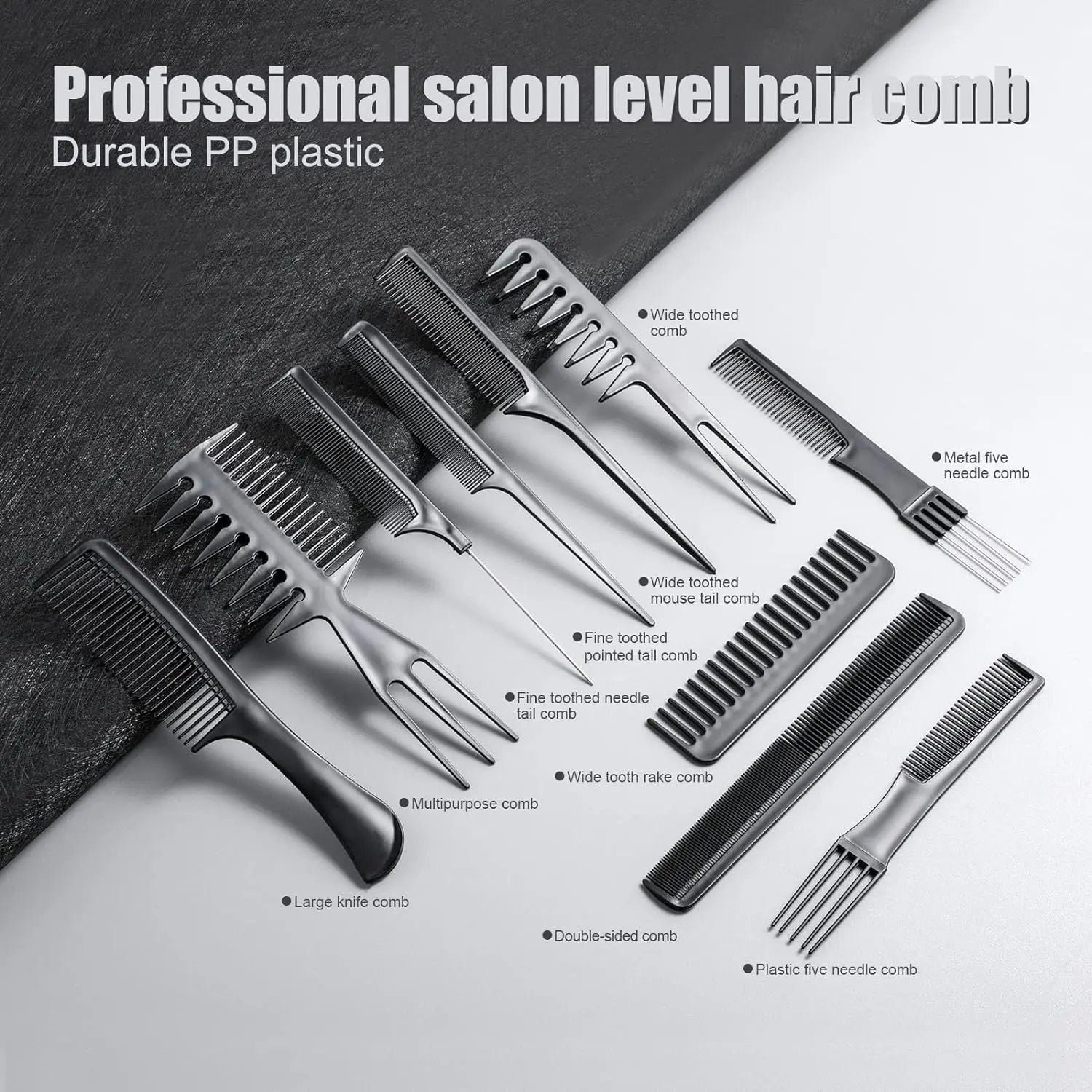 10pcs Professional Black Hairdressing Comb Set – Versatile Styling, Barber, Tail, and Training Combs for Salon and Stylist Use