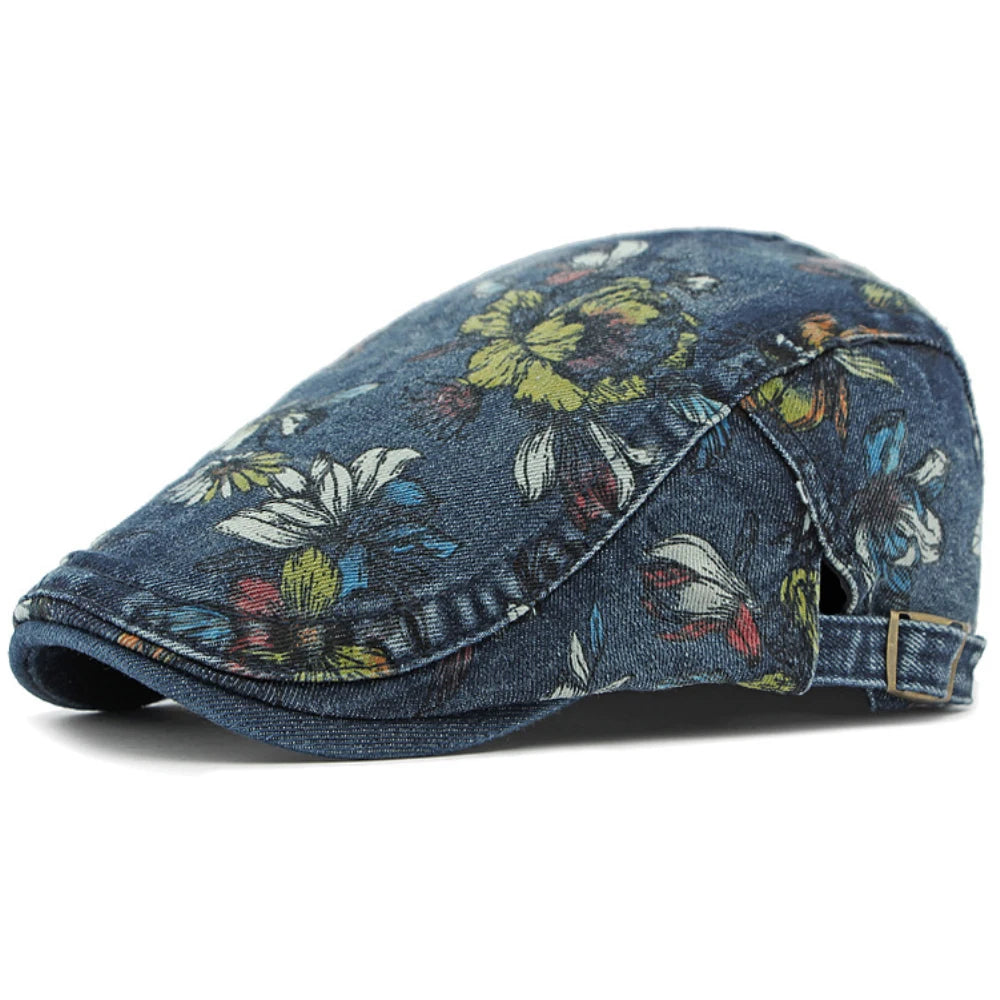 Unisex Floral Beret – Washed Cotton Denim Artist Painter Hat for Men & Women, Spring & Autumn