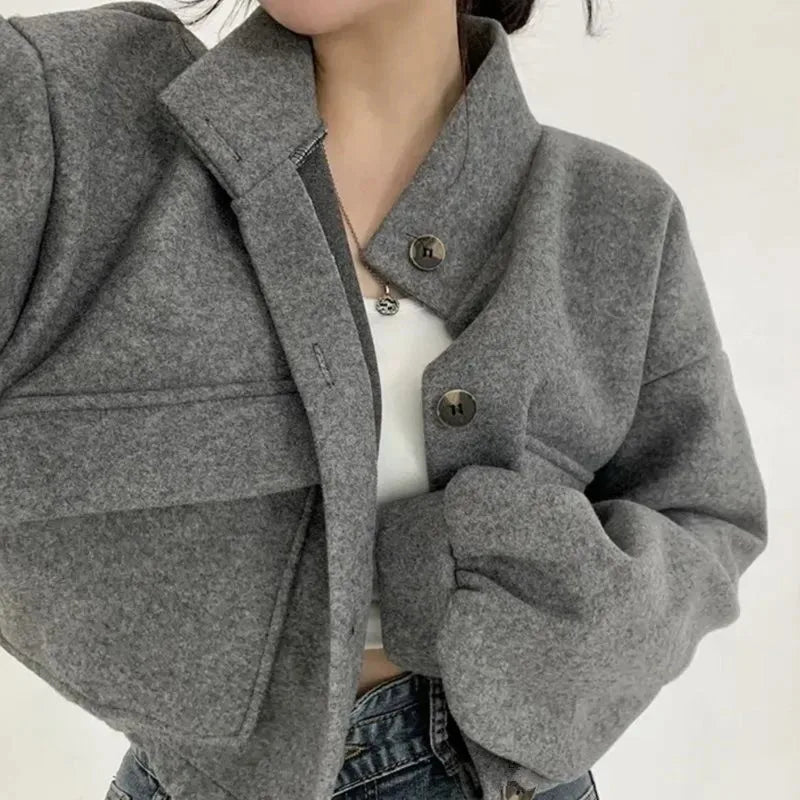 Spring Women’s Woolen Jacket – Chic Slouchy Stand Collar Coat